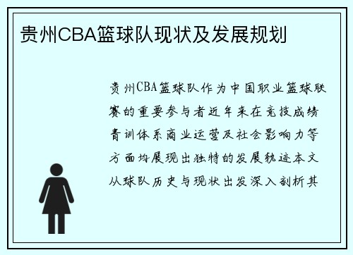 贵州CBA篮球队现状及发展规划